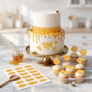 Könnte beinhalten: Eine zweistöckige weiße Torte mit gelbem Honig-Drip, Wabenmustern und kleinen Bienendekorationen auf einem goldenen Ständer. Daneben stehen Cupcakes mit Waben-Toppern, ein Honigglas mit Holzlöffel und ein Bogen mit Waben-Aufklebern.