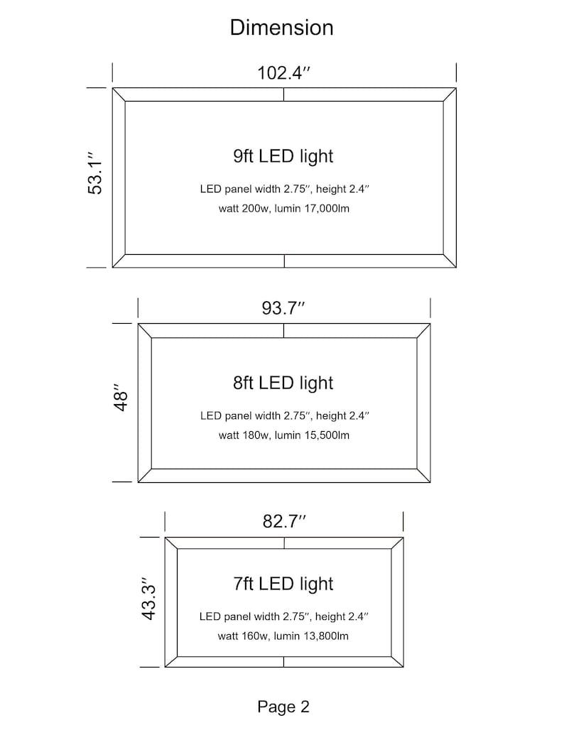 K&ouml;nnte beinhalten: Diagramm, das die Abmessungen von drei LED-Leuchten zeigt. Die 9ft LED-Leuchte ist 102,4 Zoll breit und 53,1 Zoll hoch. Die 8ft LED-Leuchte ist 93,7 Zoll breit und 48 Zoll hoch. Die 7ft LED-Leuchte ist 82,7 Zoll breit und 43,3 Zoll hoch. Alle drei Leuchten haben eine LED-Panelbreite von 2,75 Zoll und eine H&ouml;he von 2,4 Zoll.