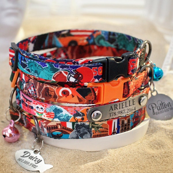 Personalized Cat Collar USA Europe Africa Japan Patterns - Custom Cat Collars with Bell - Engraved Cat Collar with ID Tag - Kitten Collar