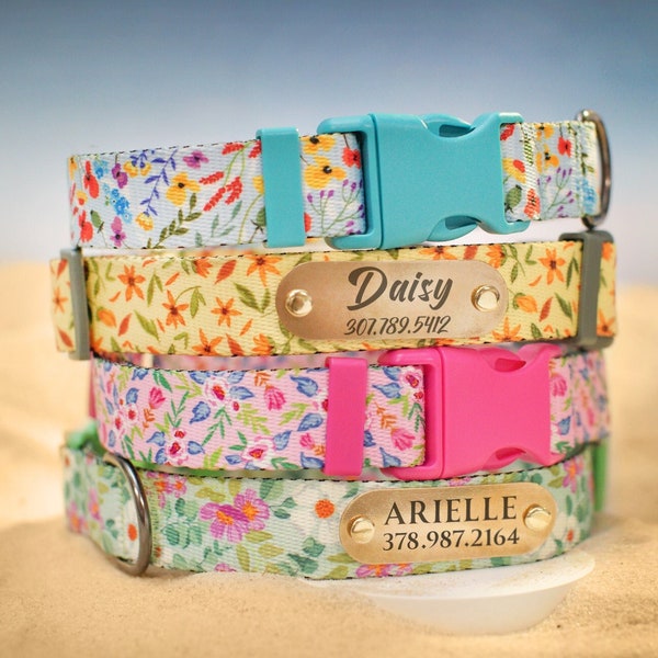 Collar floral personalizado para perros, collar para perros grabado con hebilla, collar para perros con patrón de flores, collares para mascotas personalizados para perros pequeños medianos grandes