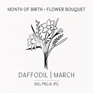 Bouquet de fleurs de mois de naissance SVG | SVG d'anniversaire de mars | Floral SVG png | Fleur de mois de naissance | Bouquet de fleurs de jonquille | Printemps jonquille svg