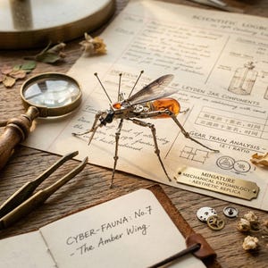 May include: A detailed steampunk-style insect sculpture with intricate mechanical parts, including gears and wires, and a translucent amber-colored abdomen. The insect is positioned on aged paper with scientific diagrams and the text "CYBER-FAUNA: No.7 - The Amber Wing."