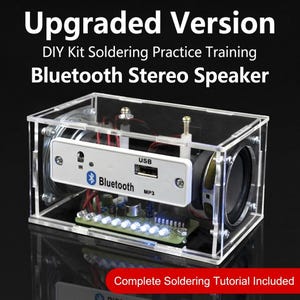 May include: A clear acrylic Bluetooth stereo speaker kit, labelled "Upgraded Version" and "Bluetooth Stereo Speaker". It features a USB port and includes a soldering tutorial. This DIY kit is designed for soldering practice.