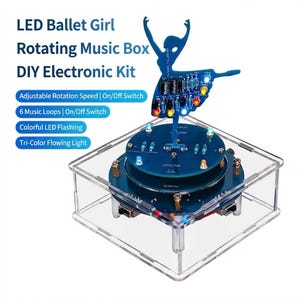 Pode incluir: Kit eletrônico DIY para caixa de música giratória com silhueta de bailarina azul. Inclui velocidade de rotação ajustável, interruptor liga/desliga, 6 loops de música, piscar de LED colorido e luz tricolor, tudo em uma caixa de acrílico transparente.