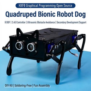 May include: A black quadruped bionic robot dog with the text "Quadruped Bionic Robot Dog". The robot has two circular sensors and four legs. The text "DIY Kit | Soldering-Free | Fun Assembly" is also visible.