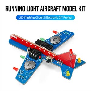 Pode incluir: Kit de modelo de avião com luzes de funcionamento, azul, vermelho e branco. Inclui um circuito intermitente LED e componentes eletrônicos. O texto diz "RUNNING LIGHT AIRCRAFT MODEL KIT" e "LED Flashing Circuit | Electronic DIY Project."