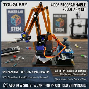 4 DOF Programmable Robot Arm Kit - DIY Arduino Compatible Robotic Claw, STEM Educational Electronics Set, Coding & Engineering Maker Gift