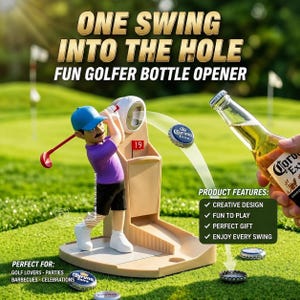 Puede incluir: Un abridor de botellas de plástico beige con forma de golfista con gorra azul y camiseta morada, sobre una base con un hoyo marcado con el número 19. El dispositivo tiene un mecanismo para quitar chapas, mostrado aquí con una de Corona Extra.
