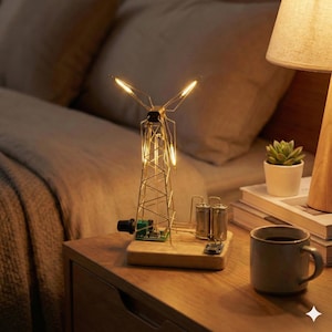 May include: A gold-coloured windmill-shaped lamp with illuminated blades and a wooden base. The lamp is on a wooden bedside table next to a cup of coffee, a small potted plant, and a lamp.