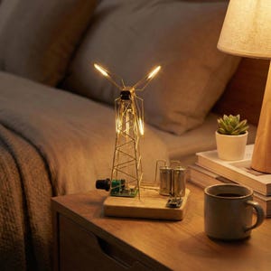 May include: A decorative windmill-shaped lamp with a gold-colored frame and four illuminated blades. The lamp sits on a wooden base with electronic components and two cylindrical metal containers. A small succulent in a white pot and a mug of coffee are also on the nightstand.