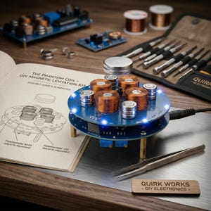 Op de afbeelding: Een doe-het-zelf magnetische levitatiekit met een blauwe printplaat, koperen spoelen en zilveren cilinders. De kit bevat een montagehandleiding, schema's en precisiegereedschap. De tekst op de kit luidt "The Phantom Coil - DIY Magnetic Levitation Kit".