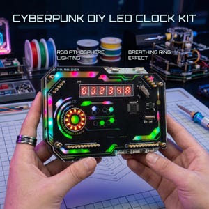 May include: A black Cyberpunk DIY LED clock kit with RGB lighting and a breathing ring effect. The clock has a digital display showing the numbers 88:88:88. The kit includes electronic components and the text "CYBERPUNK DIY LED CLOCK KIT".