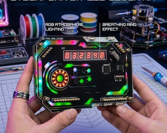 May include: A black Cyberpunk DIY LED clock kit with RGB lighting and a breathing ring effect. The clock features a digital display showing the numbers 88:88:88. The kit includes various electronic components and the text "CYBERPUNK DIY LED CLOCK KIT".