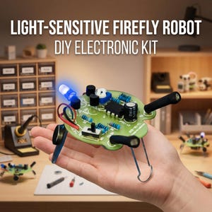 May include: A light-sensitive firefly robot DIY electronic kit. The kit includes a green circuit board with electronic components, including a blue LED. The text "LIGHT-SENSITIVE FIREFLY ROBOT DIY ELECTRONIC KIT" is displayed at the top.