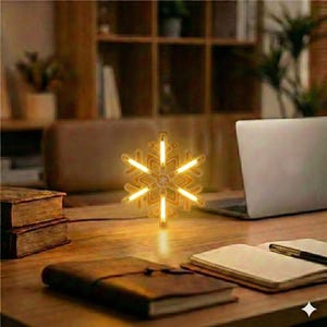 May include: A golden snowflake-shaped lamp, illuminated to emit a warm glow. The lamp is positioned on a wooden desk, accompanied by a laptop, books, and a notebook. The setting suggests a workspace or home office environment.