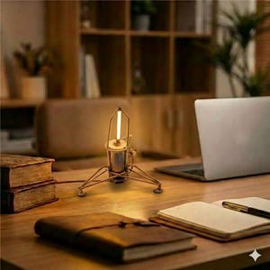 May include: A retro desk lamp in the shape of a rocket. The lamp has a bronze-coloured metal frame and a vertical, illuminated light tube. It is on a wooden desk with books, a laptop, and a notebook.