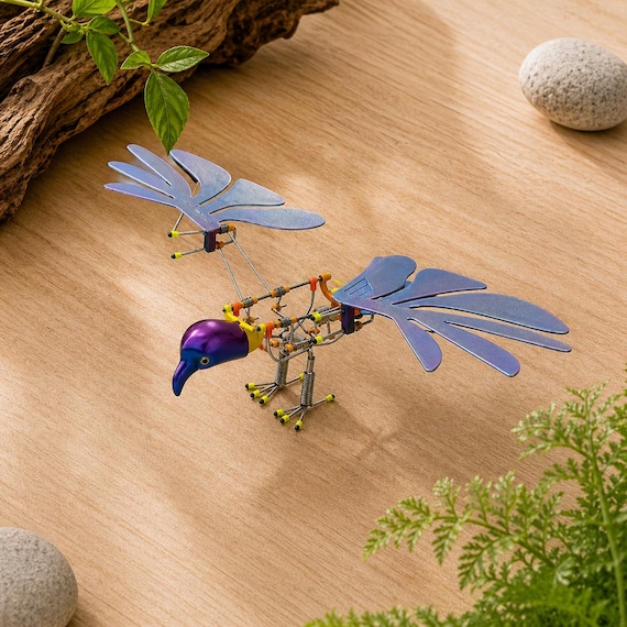 A hand-crafted mechanical bird that actually moves — tiny gears and linkages bringing a metal creature to life on your desk.