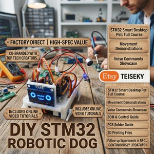 Può includere: Un kit di robot cane fai-da-te STM32 con tutorial video online. Il robot bianco e nero ha uno schermo blu ed è collegato a fili. L'immagine include il testo "Factory Direct | High-Spec Value" e "Co-branded with Top Tech Creators."