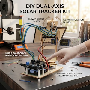 Peut inclure: Kit de suivi solaire DIY à double axe avec inclinaison en élévation (0-90°) et rotation en azimut (0-180°). Le kit comprend un guide de câblage simple et codé par couleur. Apprenez l'électronique et le codage avec ce projet compatible Arduino.