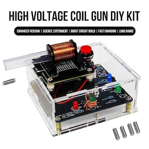 May include: High Voltage Coil Gun DIY Kit in a clear acrylic case. The kit includes a copper coil, circuit boards with LEDs, and a red button. Text on the image reads: "HIGH VOLTAGE COIL GUN DIY KIT" and "ENHANCED VERSION | SCIENCE EXPERIMENT | BOOST CIRCUIT BUILD | FAST CHARGING | LONG RANGE."