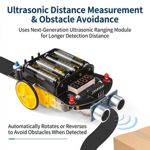 Può includere: Un piccolo robot nero e giallo con sensori a ultrasuoni, quattro batterie AA e un display digitale. Il testo recita "Misurazione della distanza a ultrasuoni e prevenzione degli ostacoli".