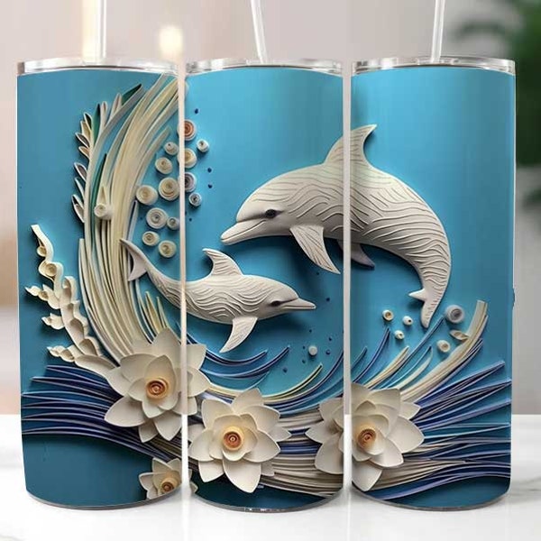 Dolphin And Flowers Art Tumbler Wrap, 20oz Skinny Tumbler Digital Download, Tumbler Wrap PNG, PNG Sublimation Tumbler, Skinny Tumbler 20oz