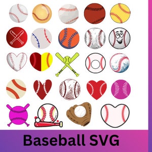 May include: A set of 20 baseball-themed SVG cut files. The designs include baseballs, bats, gloves, hearts, and a smiling baseball. The files are available in SVG, DXF, EPS, JPG, PNG, and WEB formats.