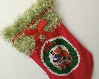 Botte de Noël | Chaussette de Noël | Bas de Noël | Tissu avec ours et chiens | home decor | Cadeau pour Noël | Traditionnel | Enfant