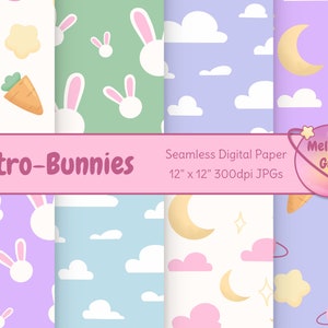 May include: A set of four digital paper designs featuring cute bunny rabbits, clouds, stars, moons, and carrots. The designs are in pastel colors and are perfect for scrapbooking, card making, and other craft projects. The text on the image reads "Astro-Bunnies" and "Mel's Art Galaxy".