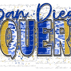 May include: A graphic design featuring the words "San Diego Vaqueros" in blue and gold lettering with a blue and white leopard print pattern. The background is white with blue and gold paint splatters.