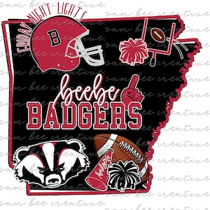 Puede incluir: Un diseño gráfico negro y rojo con las palabras "Friday Night Lights" y "beebe BADGERS". El diseño incluye un casco de fútbol americano, un balón de fútbol, un pompón de animadora y una mascota de tejón.