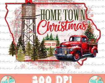 IOWA Custom Hometown Weihnachten Digitales Design / Wasserturm Weihnachten Vintage LKW / Sublimation dtg dtf / Digitaler Download PNG