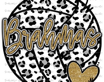 Può includere: Una pallavolo bianca e nera con un design a stampa leopardata. La parola "Brahmas" è scritta in lettere dorate con glitter sulla pallavolo. Un cuore dorato con glitter si trova nell'angolo in basso a destra dell'immagine.