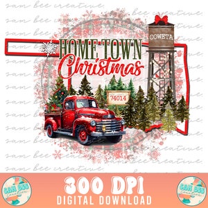 OKLAHOMA Custom Hometown Christmas Digital Design / Water Tower Southern Christmas Vintage Truck / Sublimation dtg dtf /Digital Download PNG