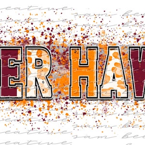 May include: A graphic design with the text "River Hawks" in a bold, outlined font. The text is layered over a white background with orange and maroon paint splatters and a leopard print pattern.