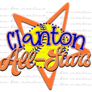 May include: Orange star with a yellow softball and the text "Clanton All-Stars" in blue and orange lettering.