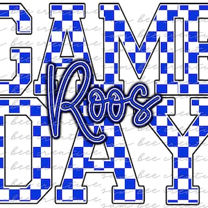 May include: A blue and white checkered graphic with the text "GAME DAY" and the word "ROOS" in a blue cursive font.