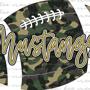May include: A green, brown, and white camouflage football with the word "Mustangs" written in gold across the front.