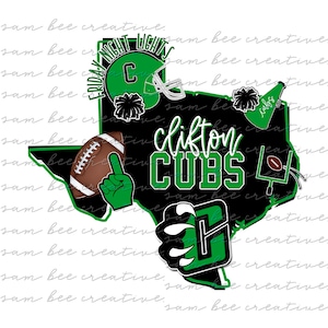 Puede incluir: Gráfico en forma de Texas negro y verde con el texto "Clifton Cubs" y varias imágenes con temática deportiva, incluyendo un balón de fútbol, una animadora, un casco de fútbol y un megáfono.