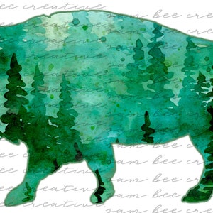 Green bison forest digital design / mountains forest woods wilderness background buffalo bison / sublimation png file / digital download
