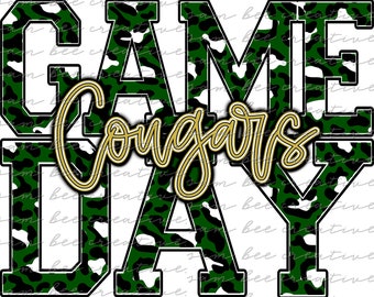 Cougars game day digital design / sublimation png file / instant digital download / leopard cheetah school spirit all sports / green & gold