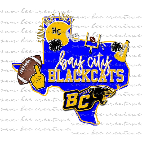 Bay City Blackcats Texas football digital design / school spirit small town big state pride/  sublimation png file/ instant digital download