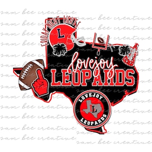 May include: A black and red graphic design featuring a Texas state outline with the words "lovejoy leopards" in red and white. The design includes a football, a cheerleader pom-pom, and a football goal post.