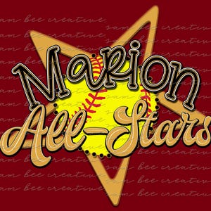Puede incluir: Diseño gráfico con el texto "Marion All-Stars" en negro y dorado, una pelota de softbol amarilla con costuras rojas y una estrella dorada sobre fondo granate. Tema deportivo.