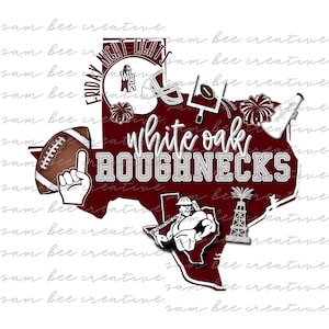 May include: A maroon outline of the state of Texas with the words "White Oak Roughnecks" in white text. The image includes various sports-related imagery, including a football, a football helmet, a cheerleader's pom-pom, and a megaphone.
