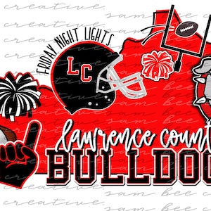 Peut inclure: Un design graphique représentant le contour rouge du Kentucky avec un casque de football américain noir marqué LC, un ballon marron avec #1, un doigt en mousse noir, un poteau de but, des pompons rouges et noirs et une mascotte bouledogue.