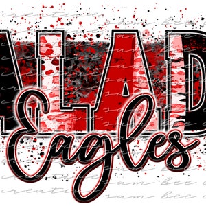 May include: A black and red graphic design with the text "Salado Eagles" in a white background with black and red splatters.