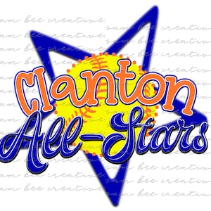 May include: A blue star with an orange and yellow softball inside. The text "Clanton All-Stars" is written in blue cursive letters.