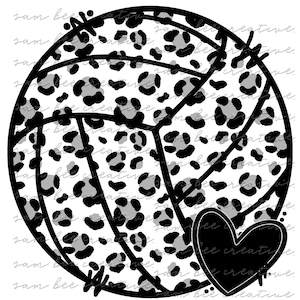 May include: A black and white volleyball with a leopard print design. A black heart is in the lower right corner of the image.