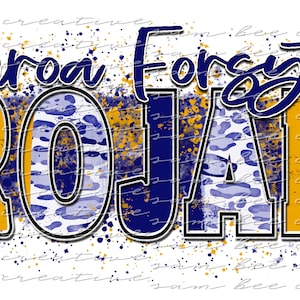 Op de afbeelding: Een digitaal ontwerp met de woorden "Maroa Forsyth Trojans" in een blauw-gouden kleurenschema met een luipaardprint. Het ontwerp heeft een verweerd, gespat effect.